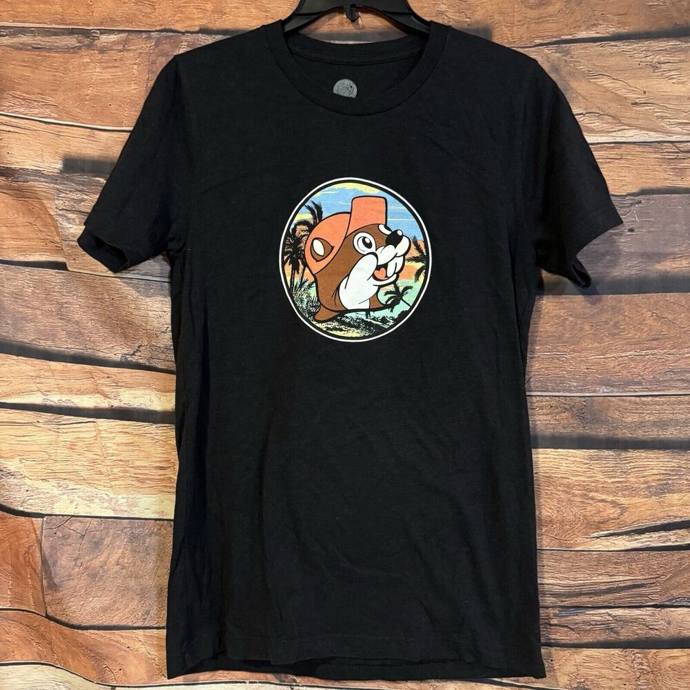 Buc-ee's T-Shirt Size Small Black Beaver Logo Tropical Palm Trees Graphic Tee